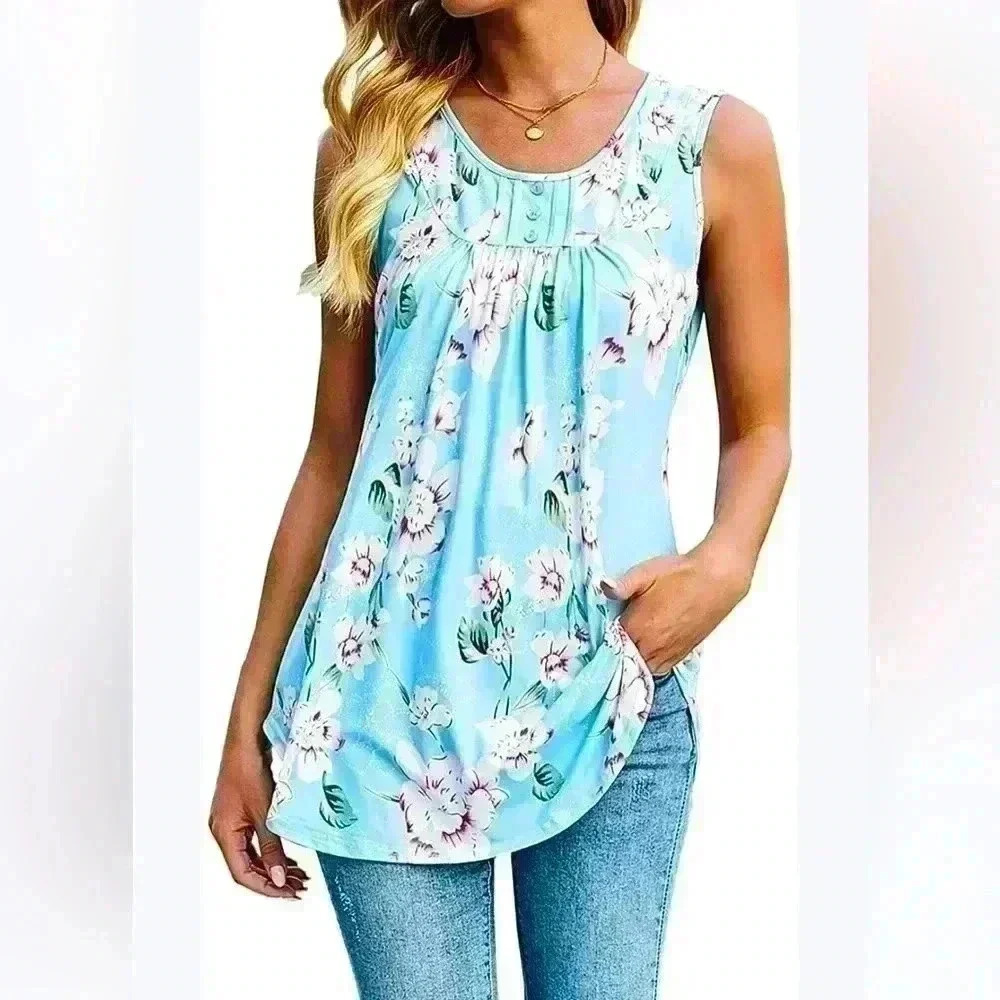 Halife Women's Sleeveless Floral‎ Print V-Neck Tunic Top Blouse Size M
